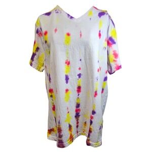 Kelleydeeee OG XL Tie Dye V Neck T Shirt White Purple Yellow Pink Short Sleeve